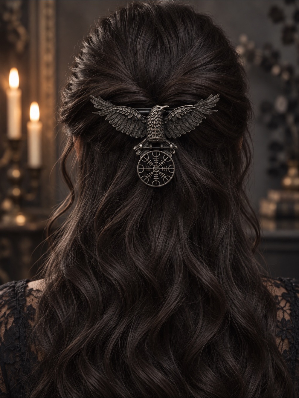 Gothic Raven Hair Barrette Black Winged Bird Rune Hair Clip 3.5”
